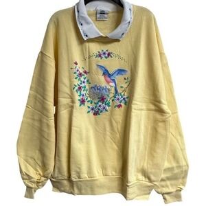 VTG 90s Grannycore Sweatshirt Butter Yellow Mama Bird Floral Embroidered Collar